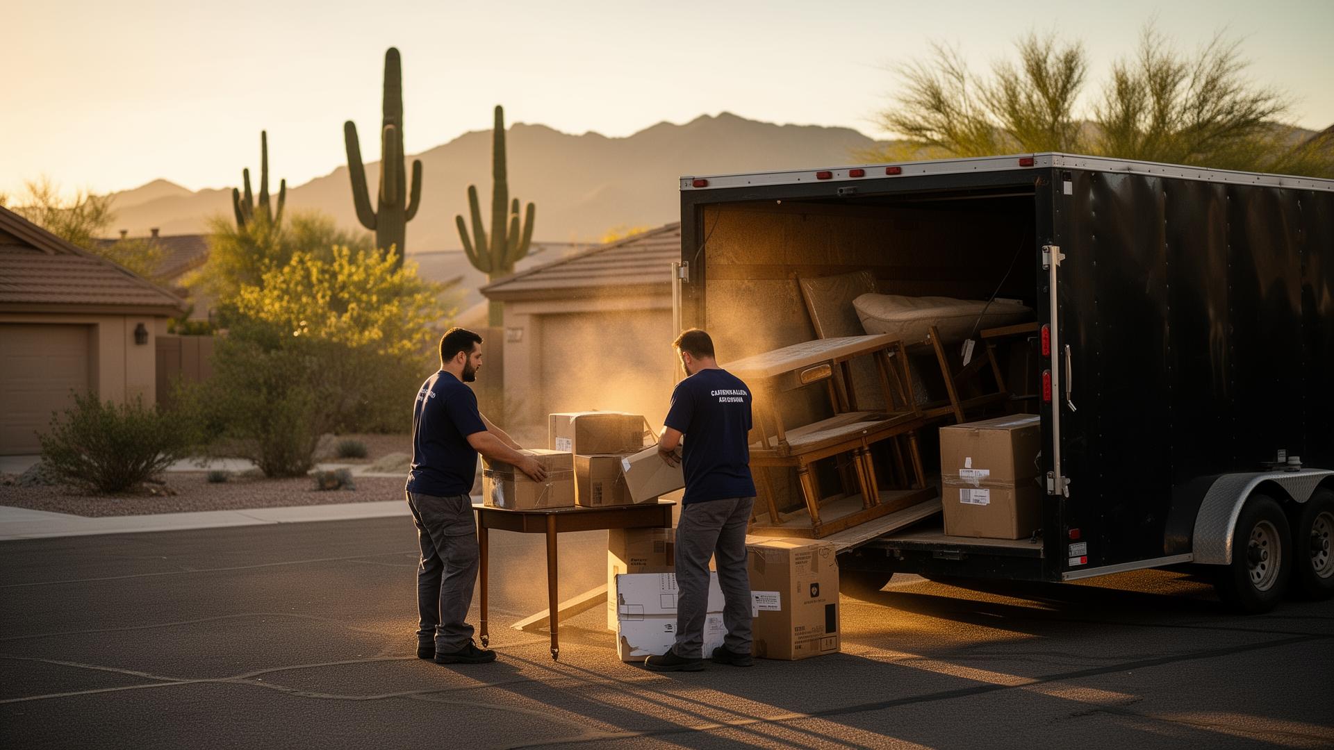 NoJunkAZ family team loading a trailer in an Arizona neighborhood at sunset